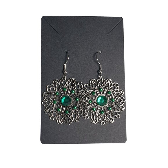 Silver Tone Filigree Green Dangle Rhinestone Vintage Earrings Women Jewelry - Picture 2 of 3